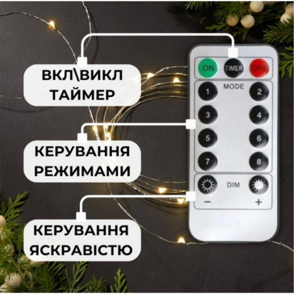Гірлянда "Роса" зелений дріт - USB, з пультом д/в, тепле світло, 10 м, 300 діодів Dt3i6Tfc фото
