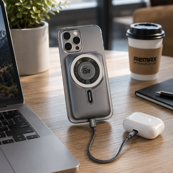 Повербанк REMAX RPP-695 10000 мА&middot;год із магнітною бездротовою зарядкою MagSafe 15W, швидкою зарядкою PD 20W та LED-дисплеєм, сірий gold-17hub фото