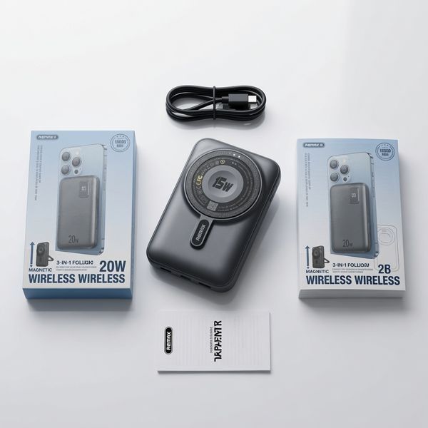 Повербанк REMAX RPP-695 10000 мА&middot;год із магнітною бездротовою зарядкою MagSafe 15W, швидкою зарядкою PD 20W та LED-дисплеєм, сірий gold-17hub фото