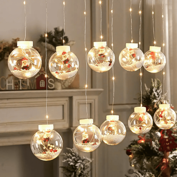 Новогодняя гирлянда LED Light штора шарики с игрушкой Дед Мороз размер 3 м 10 шаров теплый белый GolD4l5Tfv фото