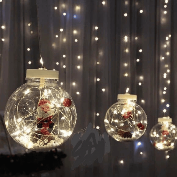 Новогодняя гирлянда LED Light штора шарики с игрушкой Дед Мороз размер 3 м 10 шаров теплый белый GolD4l5Tfv фото
